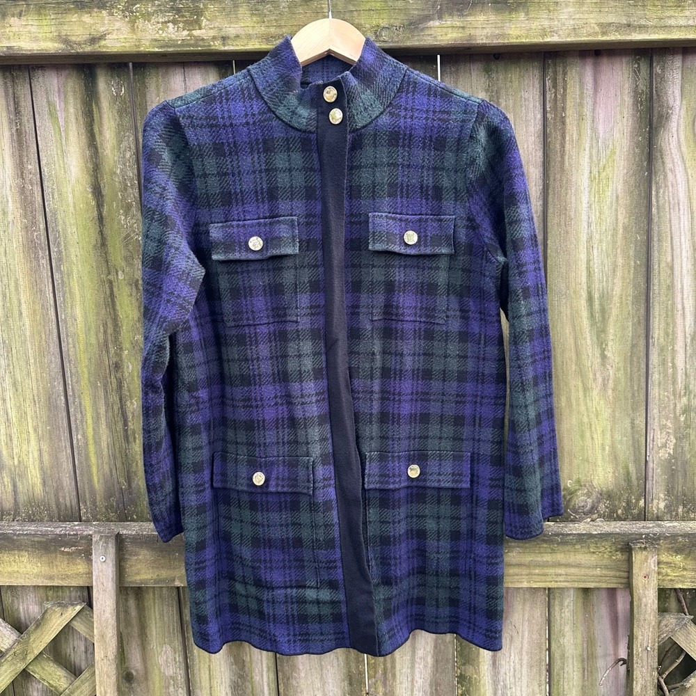 Anne Klein Plaid Tartan Blazer Jacket Navy Green Gold Button Pockets Sz‎ Medium